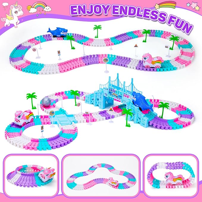 Race Track Toys for 3 4 5 Year Old Girls Gifts: Unicorn & Shark 194PCS Flexible Racetrack for Kids Ages 4-8 | Monster Truck Car Toys for Toddlers 3-6 | Magic Tracks Toddler Girls Toys Age 6-8