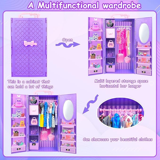 65Pcs Doll Clothes and Accessories with Doll Closet for 11.5 Inch Doll Dress up Set with 1 Doll Fashion Dresses Outfits Tops and Pants Shoe Rack Bags Gift Toy for Girls 4 5 6 7 8 9 10 Years