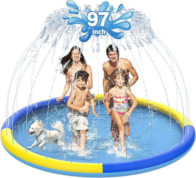 CACSPS 97" Non-Slip Splash Pad for Kids and Dog, Thicken Sprinkler Pool Summer Outdoor Water Toys, Extra Large Backyard Wading Pool for Children Boys & Girls or Pet Dog (Blue&Yellow)