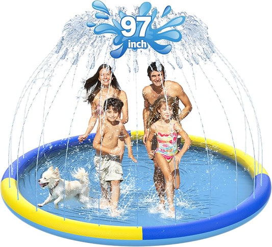 CACSPS 97" Non-Slip Splash Pad for Kids and Dog, Thicken Sprinkler Pool Summer Outdoor Water Toys, Extra Large Backyard Wading Pool for Children Boys & Girls or Pet Dog (Blue&Yellow)