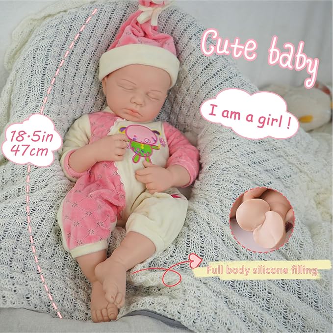Girl 18.5 Inch, Reborn Baby Dolls Silicone Full Body, Full Silicone Baby Doll, Realistic Baby Dolls, Newborn, Not Vinyl, with Gift Box