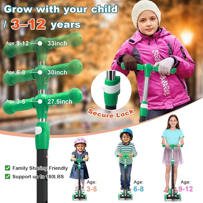 3 Wheel Kids Kick Scooter for Ages 3-12, Lean-to-Steer, Light-Up Wheels, 3-Level Adjustable Handlebar 27.5”-33”, Wide Non-Slip Deck, Dual Rear Brake,Travel Foldable, for Boys & Girls Toy Gifts
