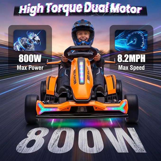 24V Electric Go Kart, Kids Drift Kart with Dual 400W Motors, Length Adjustable Seat, 8.2 MPH Max, 130LBS Max Load, Outdoor Ride on Toy Crazy Kart w/Bluetooth Music, Rainbow Light