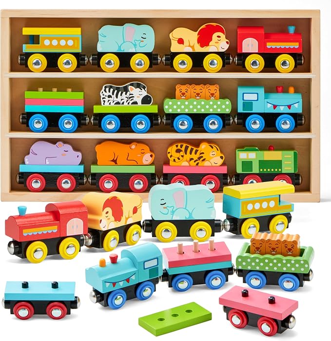 Montessori Animal Wooden Train Toy Set for Kids, 12PCS Magnetic Train Cars with Storage Gift Box, STEM Educational Toy for Boys & Girls, Ages 18Month - 8 Years, Easter Birthday Party Gift