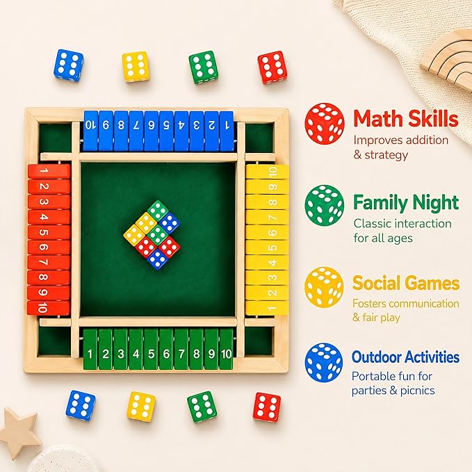 Shut The Box Game, Wooden Number Flip Board Dice Tabletop Toys for 2-4 Player, Math Educational Learning Tools for Kids and Adults, Classic Pub Family Game Night Party Activity, Camping