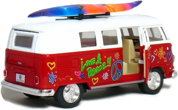 KiNSMART 1962 Volkswagen Classic Bus 1:32 Scale 5" Die Cast Metal Model Toy Van Pullback Acation (4 Set Surfboard Flower Power)