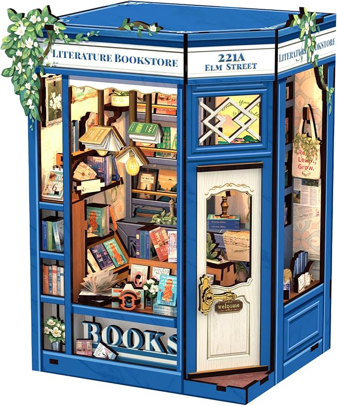 Cutefun Book Nook Kit - DIY Miniature Dollhouse Kit for Adults and Teens, Mini House Building Kit Library with LED Bookshelf Insert Decor Creative Gifts (Literature Bookstore)