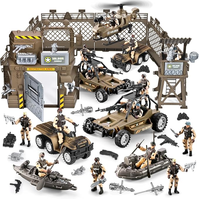 86-In-1 Army Men Toys for Boys 4-7 6-8 8-12, Military Base/Truck/Kayak Boat/Motorcycle/Helicopter/Army Men Action Figures/ Weapon Gear Accessories, Military Combat Toys Kids Boys Birthday Gifts