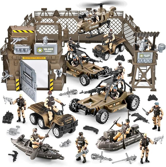 86-In-1 Army Men Toys for Boys 4-7 6-8 8-12, Military Base/Truck/Kayak Boat/Motorcycle/Helicopter/Army Men Action Figures/ Weapon Gear Accessories, Military Combat Toys Kids Boys Birthday Gifts