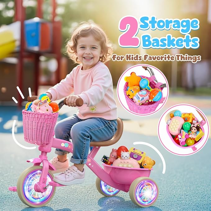 Kkdi Toddler Tricycle for 1-3 3-5 Year Olds, 2 3 4 5 Year Old Girl Birthday Gifts, Pink Toddler Baby Bike, Outdoor Riding Toys for Ages 2-4, 4-Level Adjustable Seat, 3 Color Light Wheels, 2 Baskets