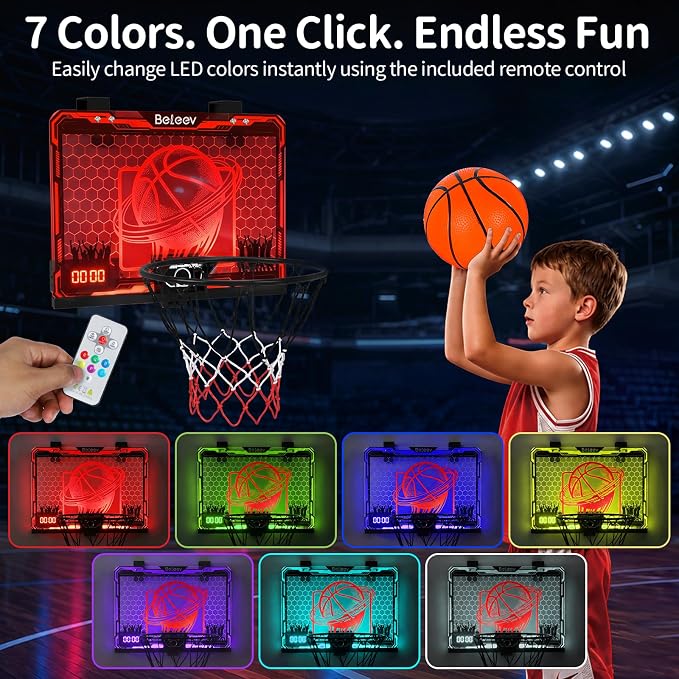 BELEEV Indoor Mini Basketball Hoop with LED Lights, Electronic Scoreboard & Sounds, Over The Door Basketball Hoop for Kids, Ball & Pump Included, Indoor Sports Toy Gift for Boys Girls Ages 4-12 (Red)