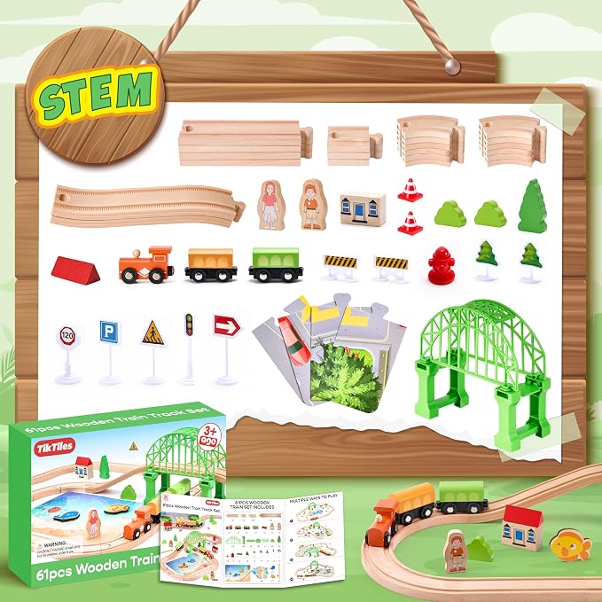 Wooden Train Set 61-Piece for Toddlers Kids Ages 3-8, Double-Sided Expandable Train Track with Puzzles & Magnetic Fishing Toys Compatible with Major Brands, STEM Railway Playset Gifts for Boys Girls