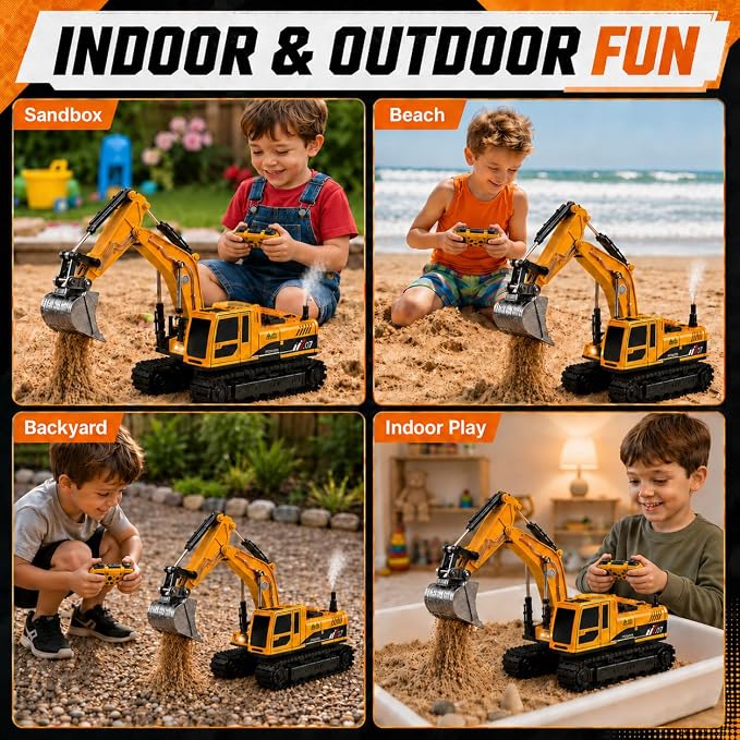Remote Control Excavator Toy 4-in-1 RC Construction Vehicle with Metal Bucket, Alloy Drill, Grapple Claw, 680° Rotation, Smoke Spray, Sounds, 2 Batteries, Digger Gift for Boys 3-8+