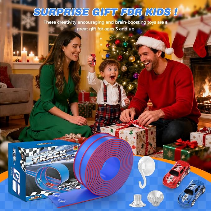 15 Ft Flexible Race Track for Kids, DIY Car Track Set with 2 Toy Cars & 3 Suction Cup Ramps, Easter Basket Stuffers for Teens & Boys Girls, Creative Easter Gifts for Kids, Blue