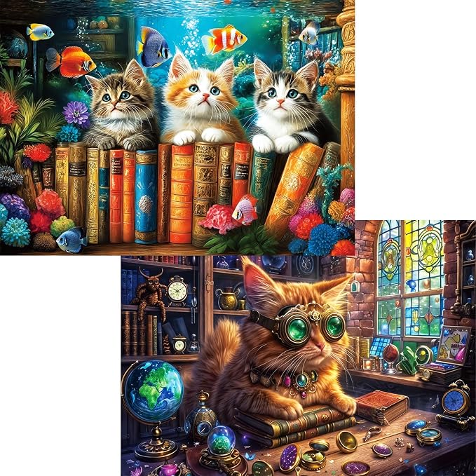 2-Pack Adult Puzzle Set – 2 Unique Designs, 1000 Pieces Each (2000 Total Pieces), Enchanted Cat Jigsaw Puzzles, Underwater & Starlight Magic Cats Puzzle, Whimsical Cat Puzzles, Challenging Family Fun