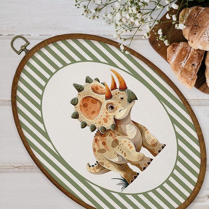 WULQYING Vintage Dinosaur Nursery Wall Art Decor, Boys Room Oval Framed Canvas Art Prints, Green Striped Triceratops Dino Wall Hanging Decor for Kid Toddler Boy Room Bedroom Playroom, 8.6x11.4 Inches