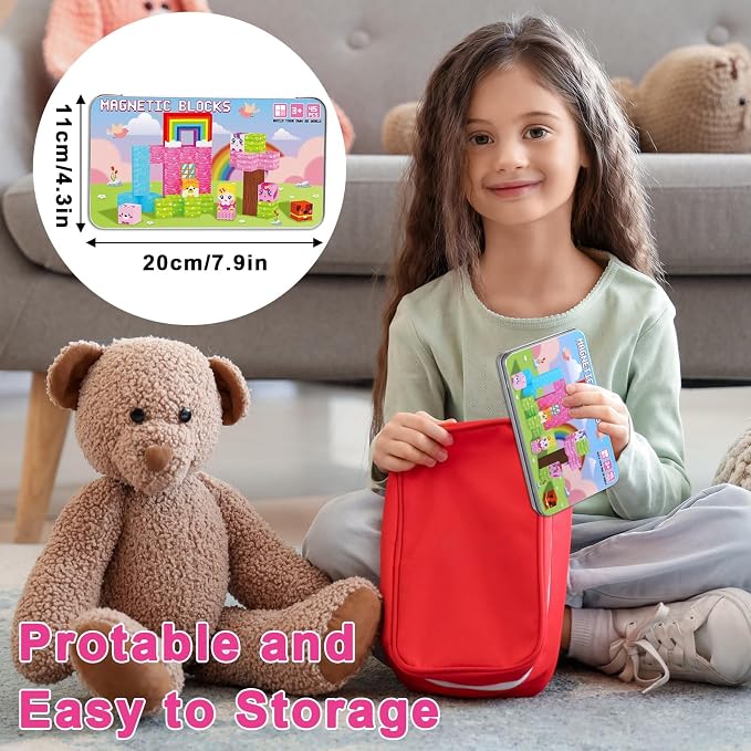 QOUBAI 45PCS Mini Magnetic Blocks Travel Toys, Magnet Building Cubes Tiles Set with Portable Iron Case, Learning Activities Gifts for Kids Toddlers Boys & Girls Ages 3-8 (Unicorn Rainbow)