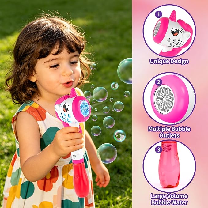 Bubble Machine for Girls, Toy Automatic Bubble Wand Maker Blower Toys with Light, Outdoor Party Toys for 3 4 5 6 Year Old Girl Easter Birthday Gifts Include Bubble Solution