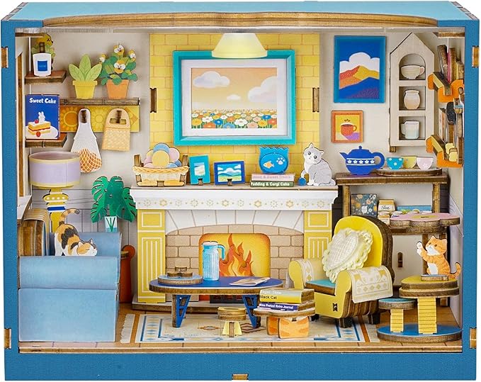 DIY Miniature House Kits-Living Room, 3D Wooden Puzzles with LED Light Tiny House Mini House Building Kit for Adults, Wooden Adults Crafts Home Decor Gifts for Parents Friends