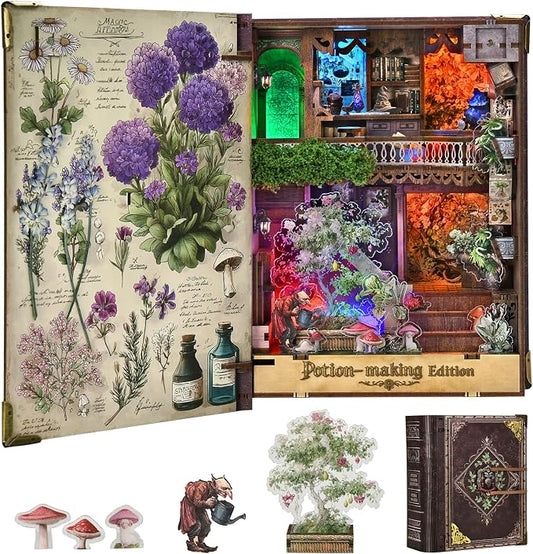CCCDF Book Nook Kit - DIY Magic Book Miniature Dollhouse Booknook Bookshelf Decor 3D Wooden Puzzle, Gifts for Family, Friends (Potion-Making Edition)