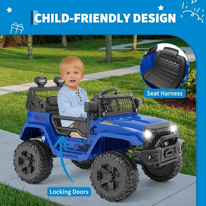 Hetoy 12V Ride on Toys with Parent Remote Control Toddler Electric Vehicle with Spring Suspension, LED Lights, Bluetooth, Music Player, 3 Speeds Ride on Car Truck for Kids Age 3-8 (Blue)