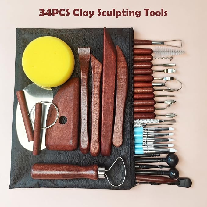 34PCS Clay Tools Sculpting Set, Pottery Tools and Supplies, Ceramic Polymer Tools Kit for Carving, Shaping, Dotting, Molding, Modeling, Pottery Kiln, Pottery Wheel, Air Dry Clay, Crafting Supplies