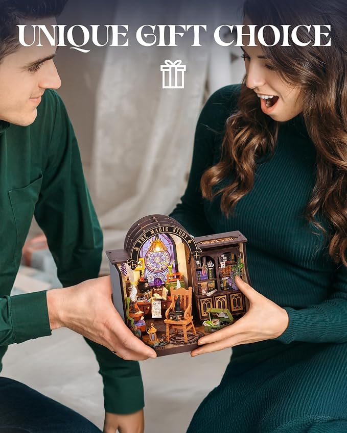 Robotime DIY Miniature House Kit, 1:18 Magic Study Diorama Dollhouse with LED Lights, 3D Wooden Puzzle for Adults, Craft Hobby Gift for Women Men Teens