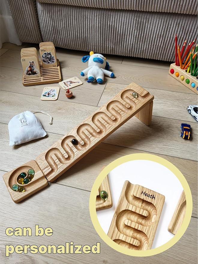 Marble Run Track Race Machine Wooden Maze Board Ball Run Course Gift for Kids Run Race Winding Track Roller (Waves)