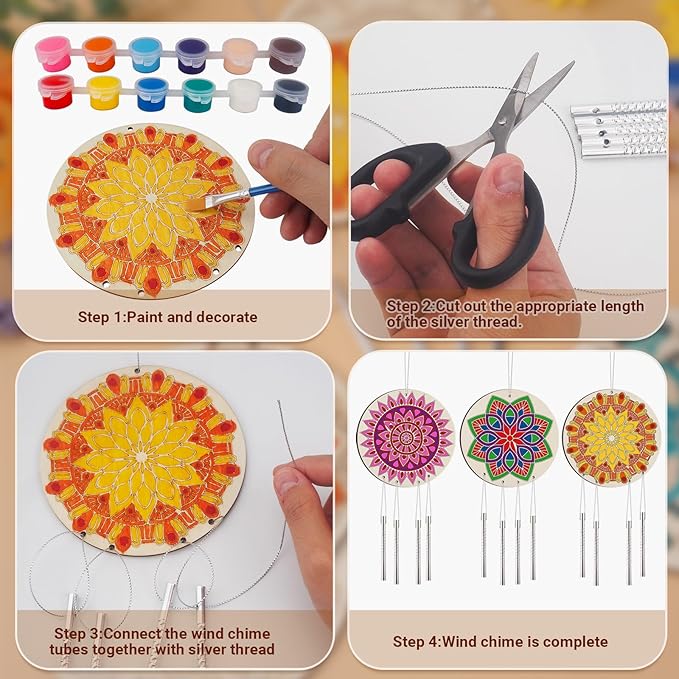 HOTPLACY 24 Sets Mandala Wind Chimes Craft for Kids | DIY Wood Hanging Bulk Ornaments, Painting Craft, Color Your Own, School Home Party Activity Project Decor