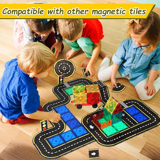 BENOKER Magnetic Tiles Road Set, STEM Magnet Building Blocks for Toddler Kids, Montessori Educational Toy Gifts for 3+ Year Old Boys & Girls