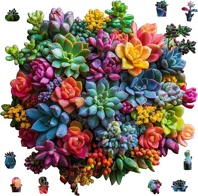 Wooden Puzzles for Adults,500Pieces Colorful Succulent Plants Jigsaw Puzzles,Unique Irregularly Shaped Animal Wooden Jigsaw Puzzle for Adult Family Game Thanksgiving Gift,17.2 * 16.6in