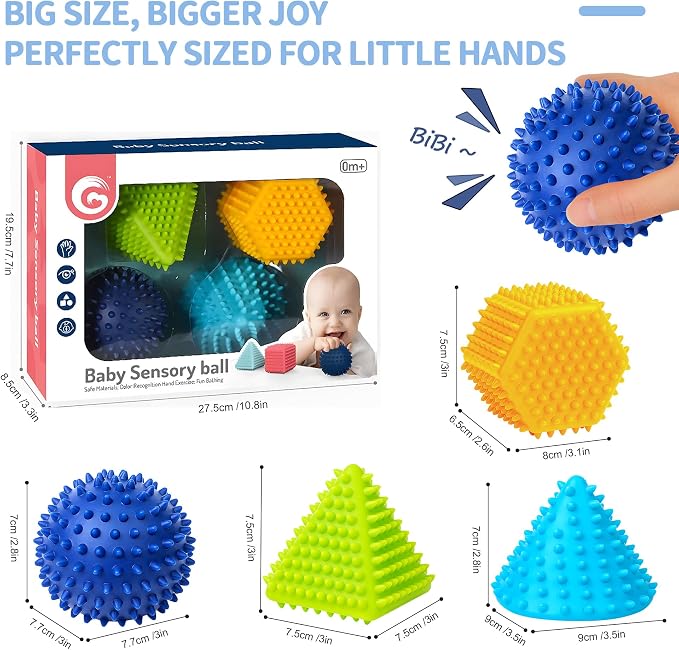 Soft Spiky Sensory Balls, Textured Baby Toys 6 to 12 Months | BPA-Free Plastic, Raised Bumps, Geometric Shapes, Bright Colors, Squeeze, Roll & Massage Play, Gift for Toddlers 1-3
