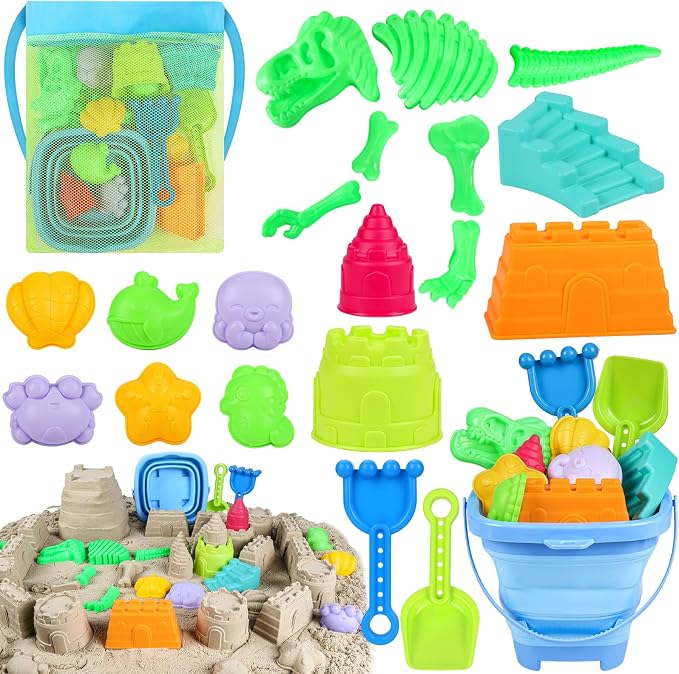 ERHAlCAT Beach Sand Toys, Dinosaur Fossil Molds, Sandbox Toys with Collapsible Bucket, Sand Castle Building Kit, Shovel, Rake and Mesh Bag, Outdoor Summer Travel Toys for Kids Ages 3-12
