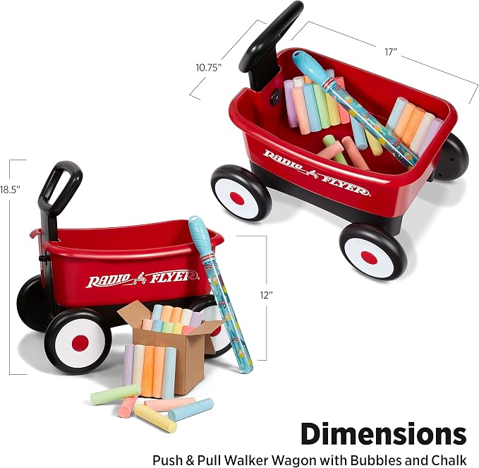 Radio Flyer Push & Pull Walker Wagon with Bubbles and Chalk, Red, for Kids 1-4 Years Old, Locking Handle, Baby Push Walker Converts to Pull Wagon, for Indoor & Outdoor Play, Amazon Exclusive