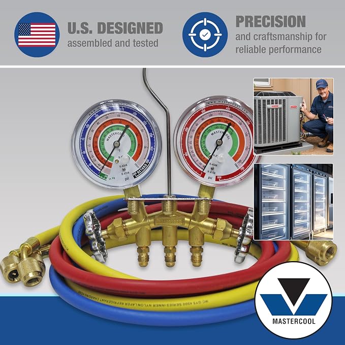 Mastercool 59136 2-Way Heavy Duty Brass Manifold Gauge Set with 3 1/8" Silicone-Dampened Gauges and 1/4" SAE Fittings for R410a, R22, R404A - U.S. Assembled & Tested with 36" Hoses