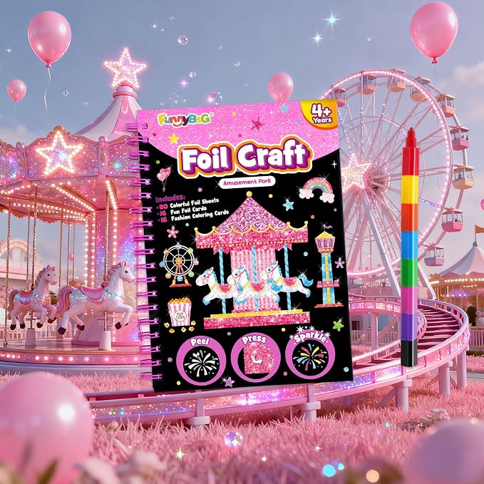 FUNNYB&G Foil Art Craft Kit for Girls 4-10 Years Old: Mess-Free & No-Glue, Create 16 Sparkly Amusement Park Pictures – Perfect Travel Toy & Birthday Gift for Kids （Amusement Park）