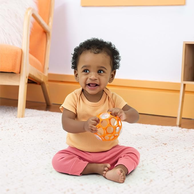 Bright Starts Oball Rattle Ball, Easy-Grasp Infant Rattle with Finger Holes, Orange, 0-36 Months
