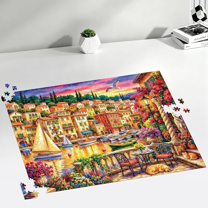 1000 Piece Puzzle for Adults, Seaside Harbor Sunset Jigsaw Puzzles for Adults 1000 Pieces, Fun Challenging Family Landscape Puzzle with Letters on Back, Colorful Harbor Houses Puzzles for Adults