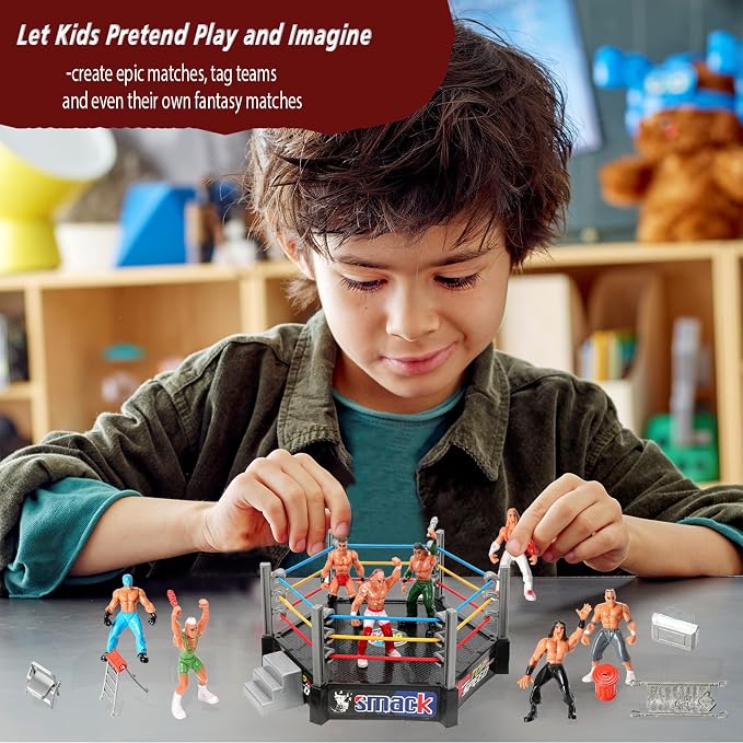 32Pcs Wrestling Toys for Kids, Wrestlers Playset with 12 Wrestling Action Figures, Wrestling Rings, Many Realistic Accessories, Toy Figures & Playset Gift for 2 3 4 5 6 Boys Girls, Cool Cake Toppers
