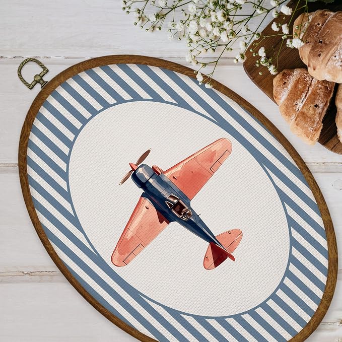 WULQYING Vintage Airplane Nursery Wall Art Decor, Kids Room Oval Framed Canvas Art Prints, Blue Striped Airplane Aircraft Wall Hanging Decor for Kids Boys Room Bedroom Playroom, 8.6x11.4 Inches