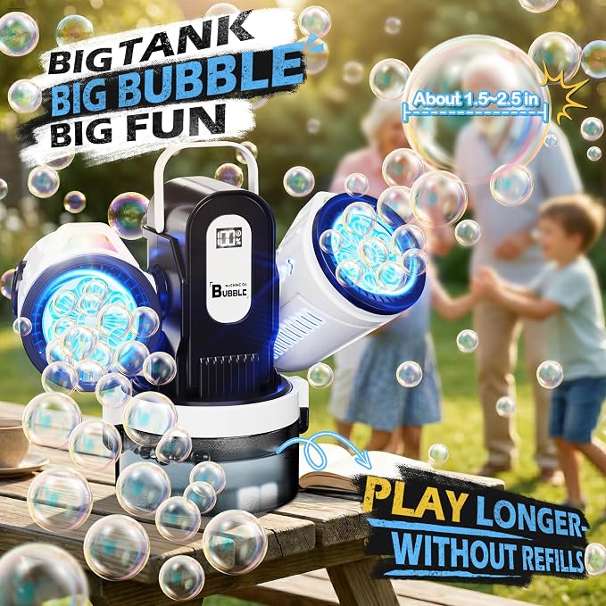 Dual-Engine Bubble Machine with Auto Rotation & RGB Lights & Remote Control,1800mA Type-C Rechargeable,700mL Tank,Bubble Maker for Kids, Party, Wedding, Backyard Outdoor Toy