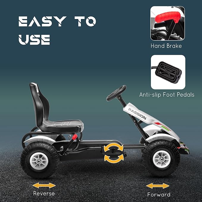 Aosom Kids Pedal Go Kart, Outdoor Ride on Toys with Adjustable Seat, Sharp Handling, Handbrake, 4 Non-Slip Rubber Wheels for Boys & Girls Aged 5-12 Years Old, White