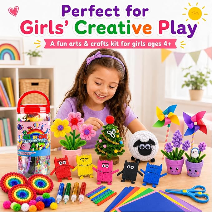 FUNZBO Arts and Crafts Supplies for Kids - Toddlers Craft Kit with Glitter Glue Stick, Pipe Cleaners, Pom Poms, Popsicle Sticks Tools, DIY School Supplies Kit, Birathday Gifts for Girls Boys Age 4+
