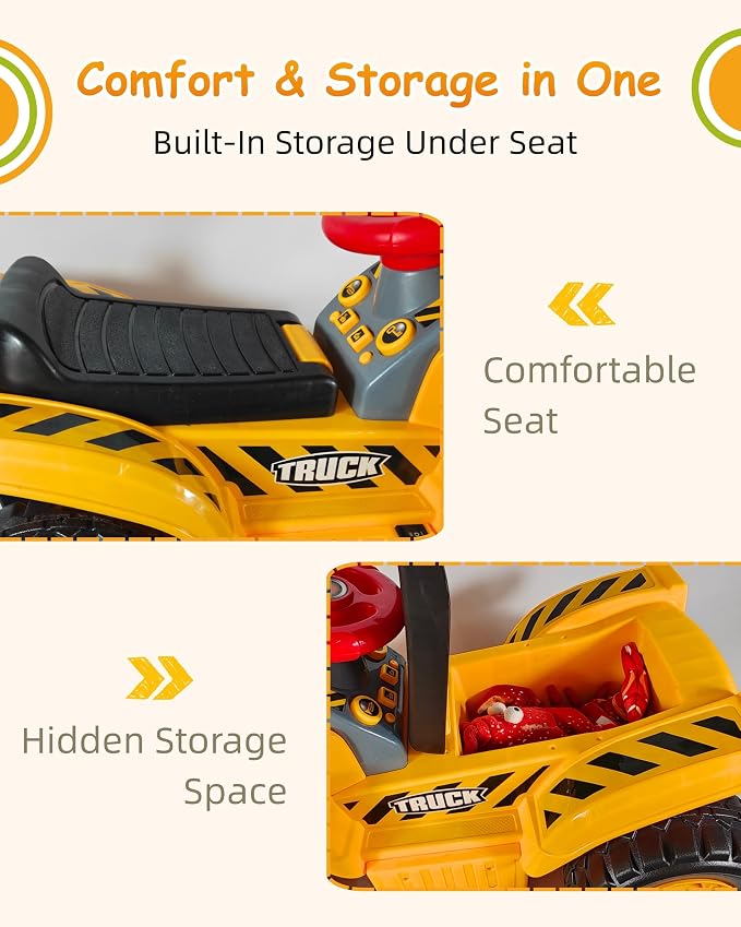Kids Excavator Ride On Toy, 6V Electric Ride On Excavator for Ages 2+ with Rechargeable Battery, Sounds, Storage, Toy Hard Hat and 3 Rocks
