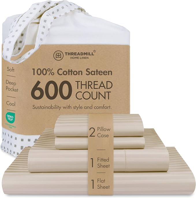 Threadmill 100% Cotton Sheets for Queen Size Bed - 600 Thread Count Queen Bed Sheets Set with 16” Deep Pocket - Damask Stripe Sateen Weave 4-Piece Bedding Set with Cooling Effect, Beige