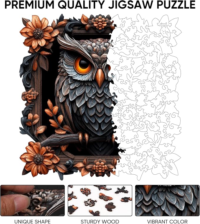 Ixfyloop Owl Puzzles for Adults, Fall Wooden Jigsaw Puzzles 209pcs with Storage Box, Irregular Unique Shaped Animal Adult Puzzles, Puzzle Gift for Family Brain Game, 11.2x10.9 inch