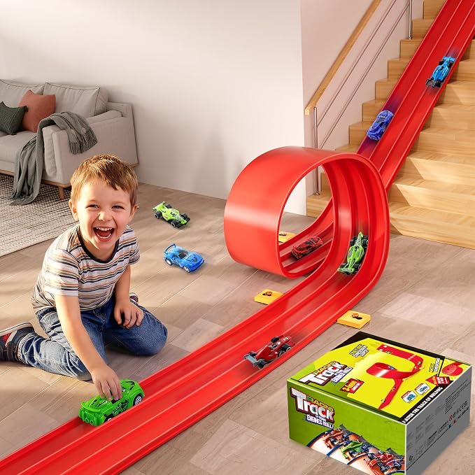 3-Lane Flexible Race Car Track for Kids - 16.4 Ft Race Track Toy with Strong Suction Cups, Roll-Up Portable DIY Racetrack Compatible with 1/64 Diecast Cars