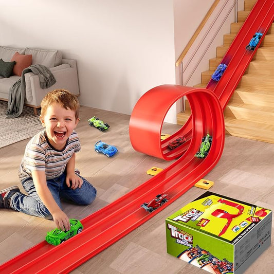 3-Lane Flexible Race Car Track for Kids - 16.4 Ft Race Track Toy with Strong Suction Cups, Roll-Up Portable DIY Racetrack Compatible with 1/64 Diecast Cars