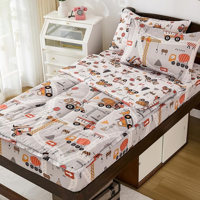 DJY Zipper Bedding Set Twin, Cars Bedding Sets for Boys, Kids Construction Comforter Set with Fitted Sheet Pillowcases, All in One Zipper Bed Set for All Seasons