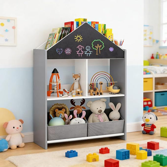 Costzon Kids Bookshelf, Wooden Dollhouse Bookcase with Blackboard, Whiteboard, Toddler Book Shelf with Cubby & 2 Fabric Bins, Toy Storage Organizer for Kids Room, Playroom, Nursery (Gray)
